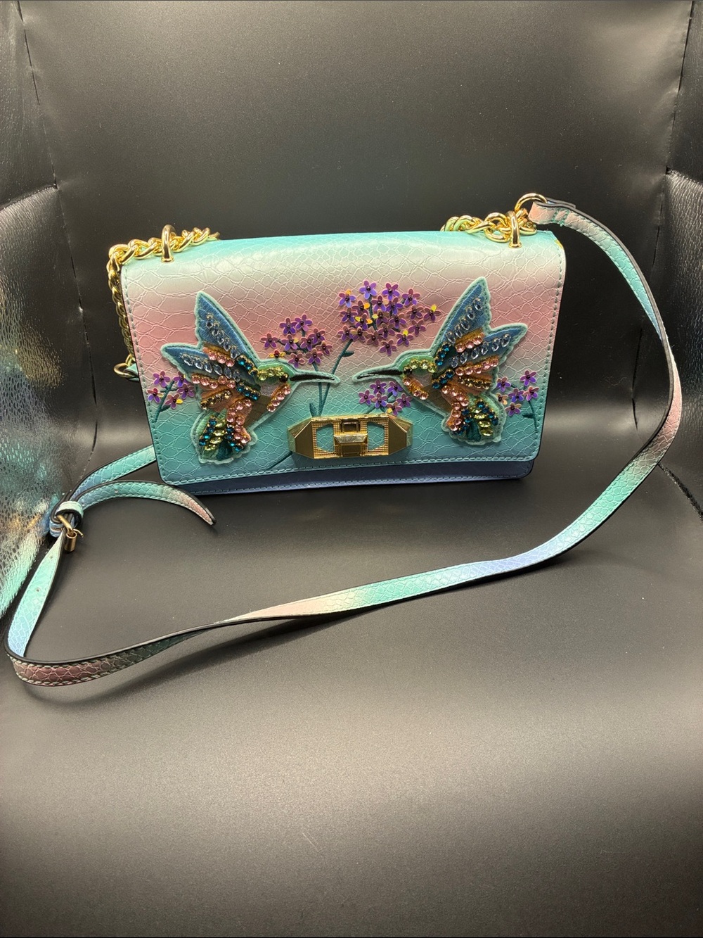 Aldo Pastel Gradient Hummingbird Embellished Crossbody - Mint & Pink